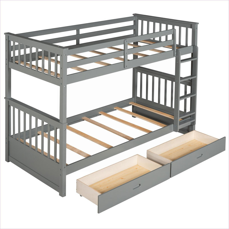 Lit superposé simple au-dessus de simple en bois massif avec échelles et deux tiroirs de rangement sous le lit, lit plateforme gris ardoise