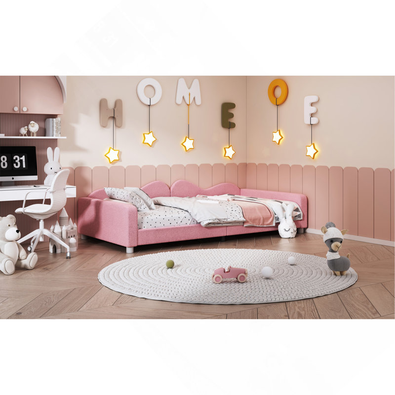 Twin Size Upholstered Daybed, Sherpa Fabric Sofabed With Cloud-Shaped Backrest, Twin, Pink