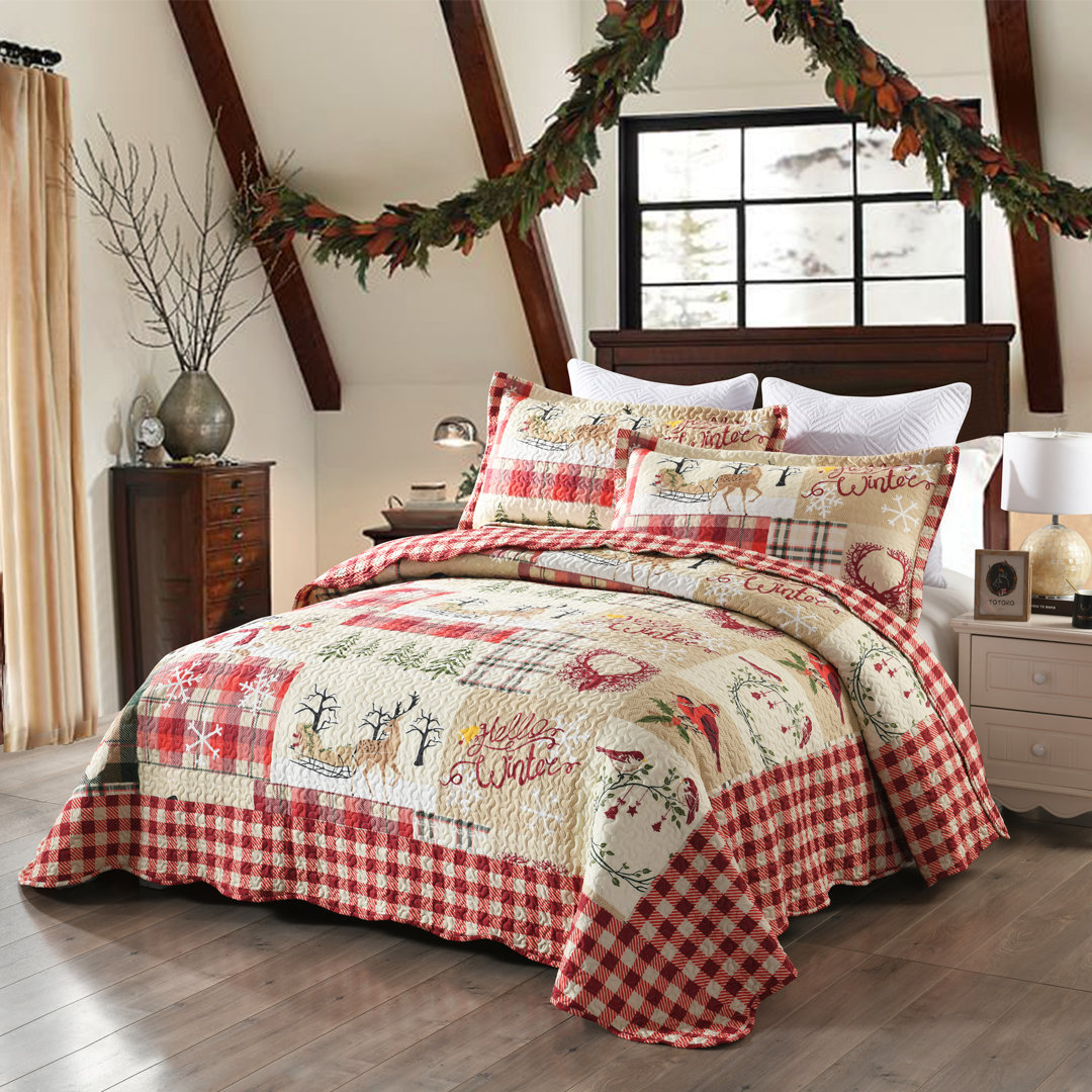 Beige/Red Microfiber Reversible 3 Piece Quilt Set MarCielo