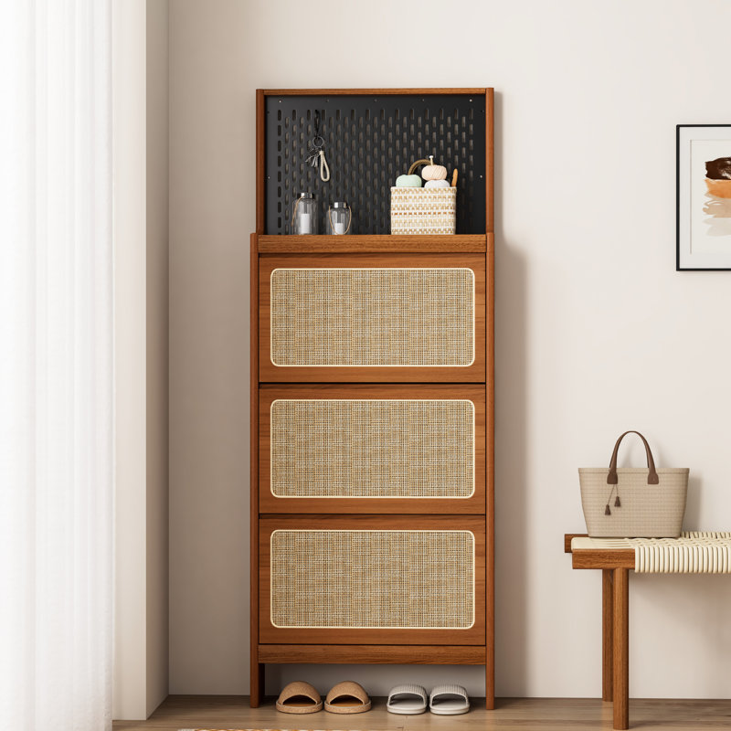 Meuble à chaussures d'entrée de 65 po de hauteur avec 3 tiroirs et tablette étroite en noyer noir élégant, P 7,74 po x H 65 po, maximise l'espace
