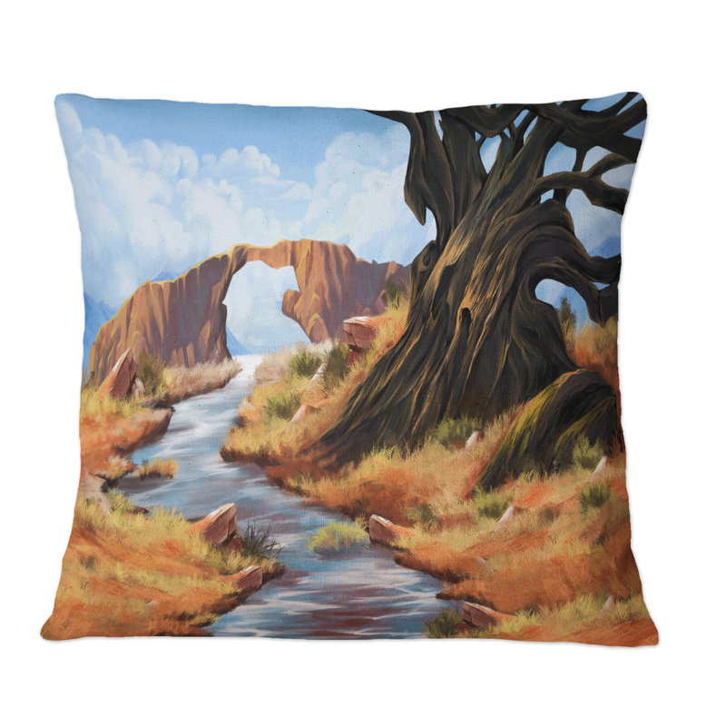 Stone Bridge Over Autumn River - Coussin décoratif à imprimé traditionnel, 18 po x 18 po