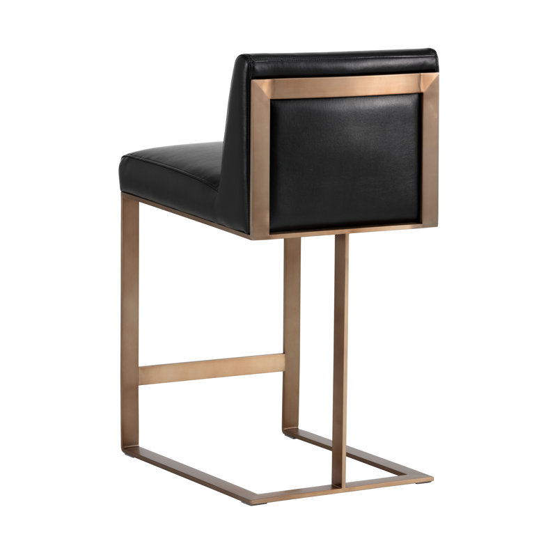 Dean Upholstered Stool with Metal Frame, Black, Bar Stool (30" Seat Height), Antique Brass