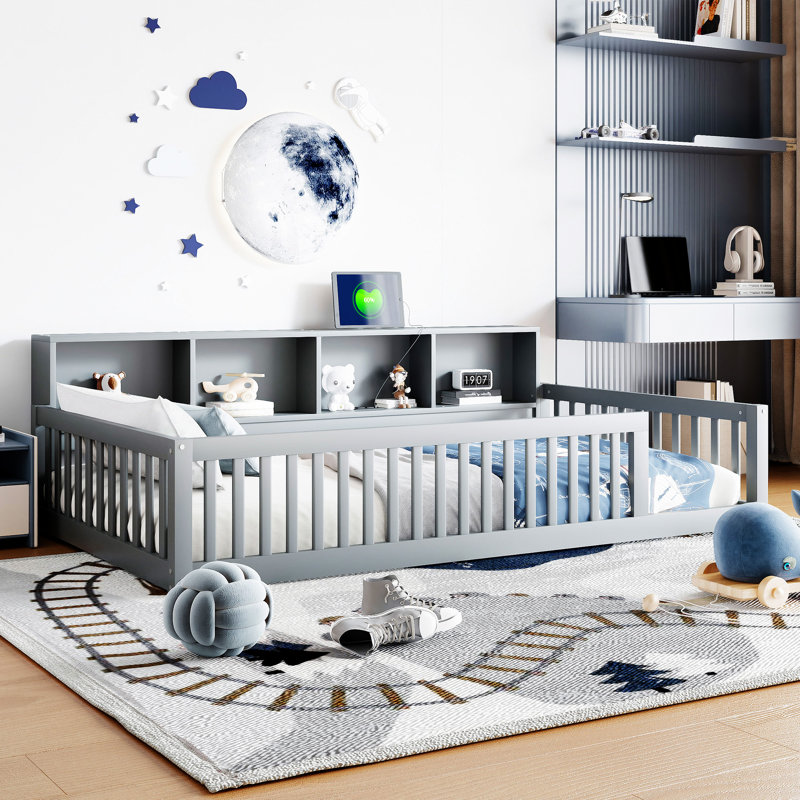 Lit en bois avec armoires de rangement et ports USB, Gris