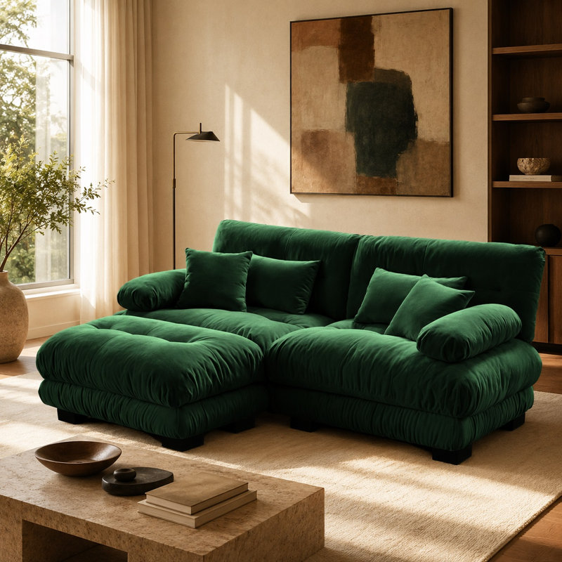 Canapé Cloud 2 places en chenille verte douce avec pouf et coussins moelleux pour se détendre, 2 places + 1 repose-pieds