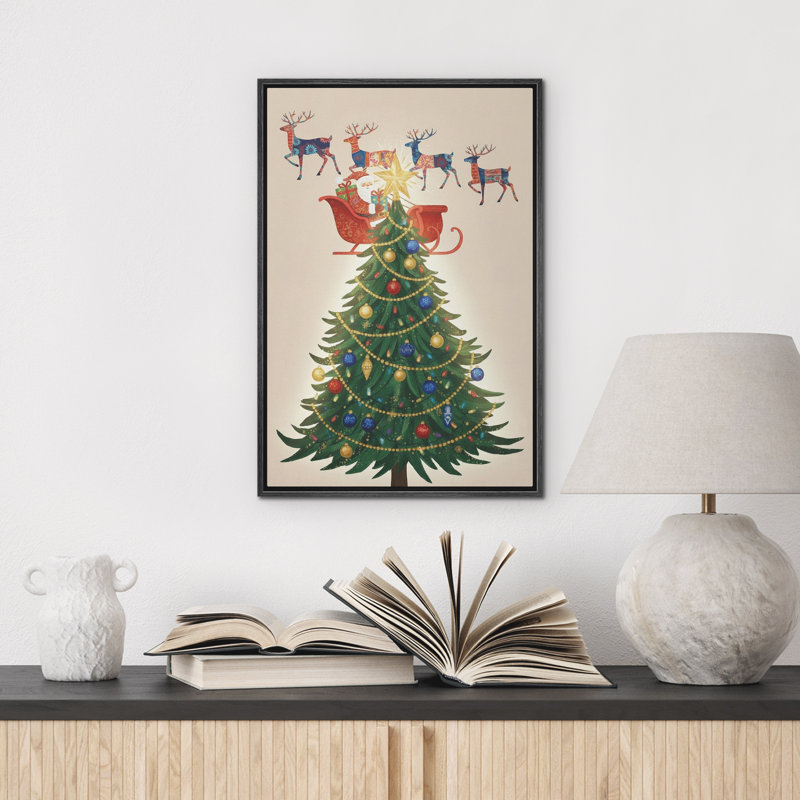 Arbre de Noël festif avec traîneau du Père Noël et renne, reproduction d'art sur toile encadrée dans la chambre principale