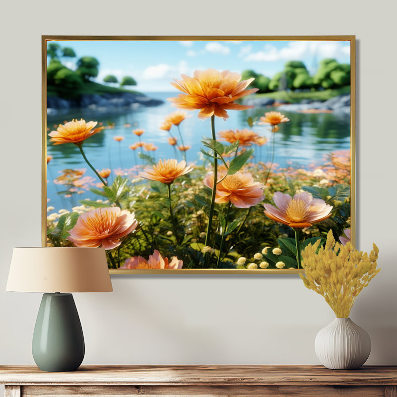 «Vibrant Orange Flower By Summer River», reproduction d'art murale, H 12 po x l 20 po x P 1 po, Toile avec cadre flottant or