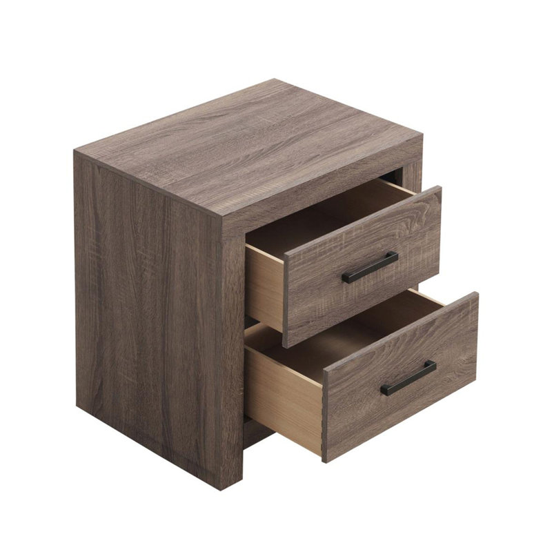 Table de chevet tendance 2 en chêne brun foncé avec tiroirs d'aspect artistique et poignées en métal
