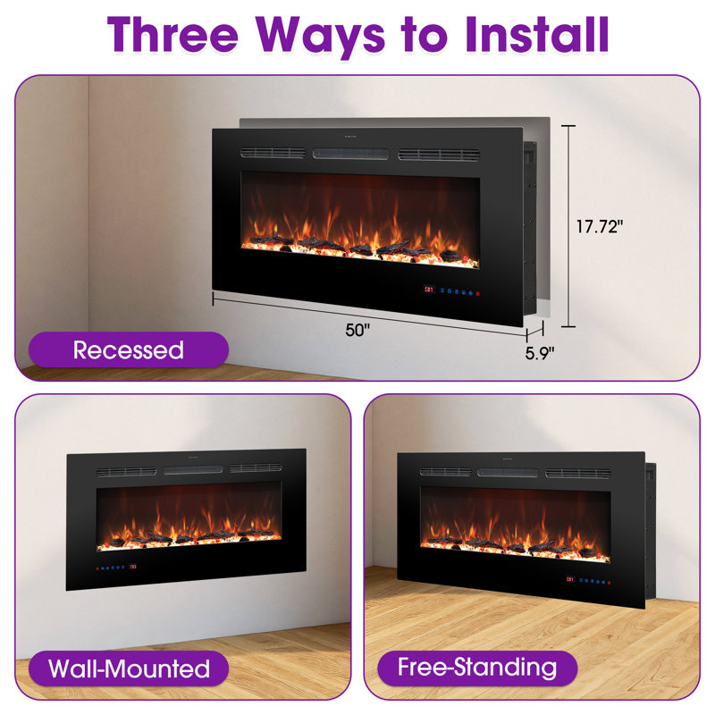 50" Recessed or Wall Mounted Electric Fireplace Insert with Touch Screen, 13 Color 3D Flame, Timer, 750W/1500W, Overheating Protection, Remote Control