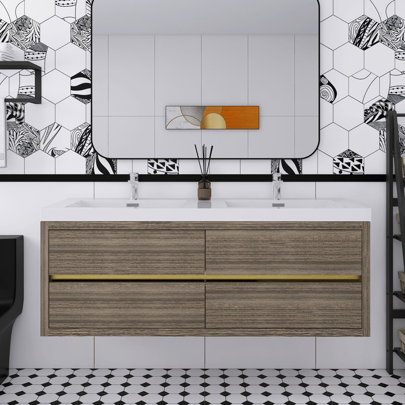 Meuble-lavabo double mural avec comptoir en résine de pierre et tiroirs à fermeture en douceur, 60", Gris cendre