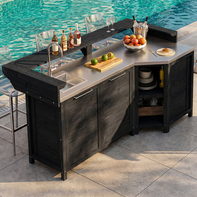 Ensemble de cuisine modulaire pour l'extérieur | Bois de cèdre, comptoir en acier inoxydable, base de lavabo et armoires de rangement