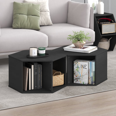 Modern Hexagonal Coffee Table with Open Storage Shelf, Amber Pine
