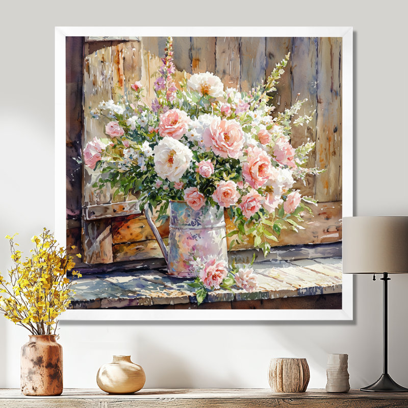 Dondiel Summer Blush Rose Bouquet At The Barn II - roses, art mural pour le salon, H 16 po x l 16 po, Blanc