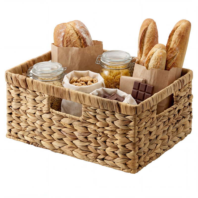 Handwoven Water Hyacinth Jumbo Storage Basket With Iron Frame And Built-In Handles - Natural, 6.75" H x 15" W x 11" D