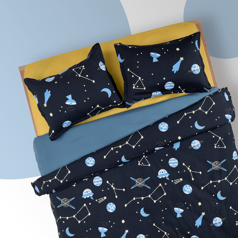 Twin Navy Blue and Yellow Galaxy Microfiber Duvet Cover Set