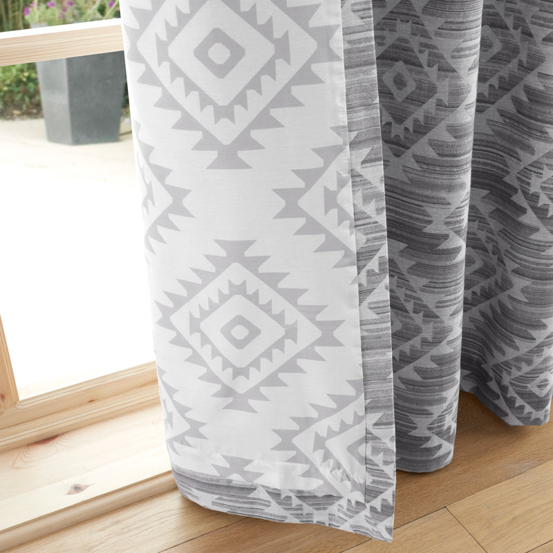 Aztec Geo Lined Eyelet Curtains, Grey, 229 W x 229 D cm