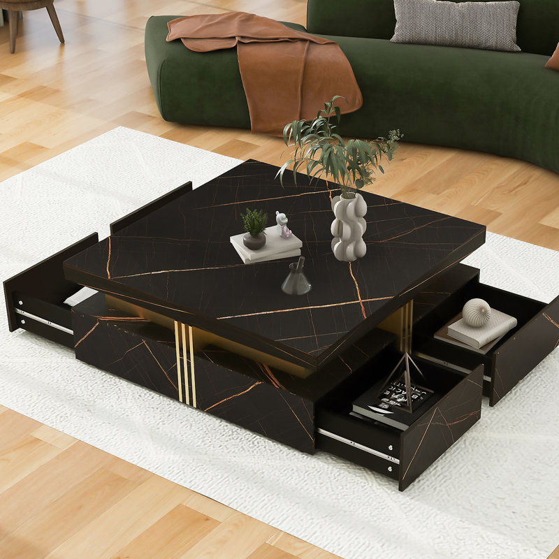 Table basse moderne carrée avec rangement à 4 tiroirs, Noir