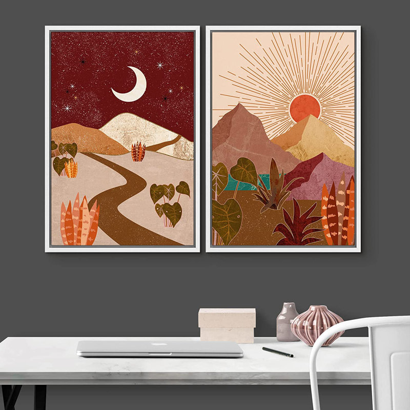 Sun and Moon Abstract Botanical Landscape Canvas Print Set with White Frame