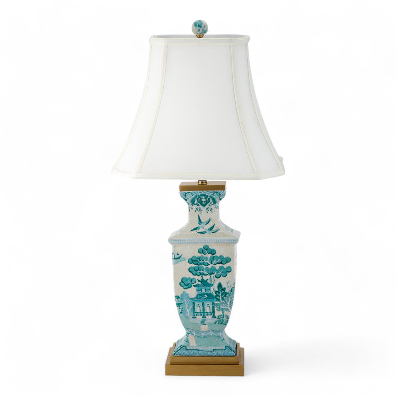 Turquoise Willow Hand Painted Porcelain Table Lamp with Gold Wood Base