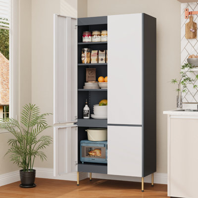 Armoire de cuisine, armoire de rangement en métal de 71 po de hauteur avec portes | Tablettes réglables, conception sans poignée, portes magnétiques, armoire de cuisine autoportante pour la salle à manger de garde-manger, 5 niveaux gris / blanc