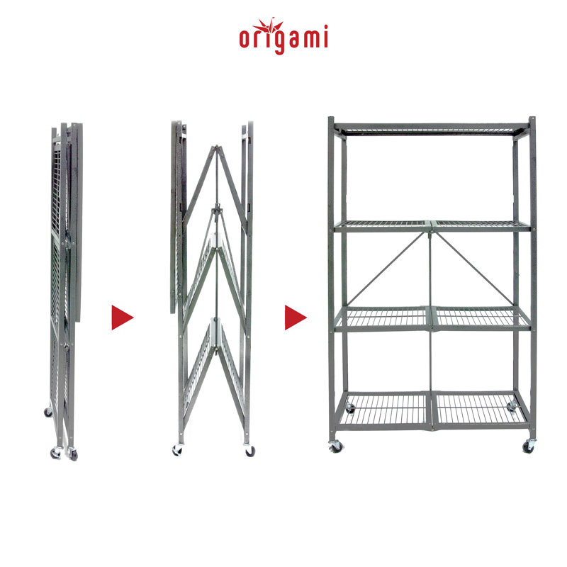 Pewter 4-Tier Foldable Wire Storage Rack with Wheels