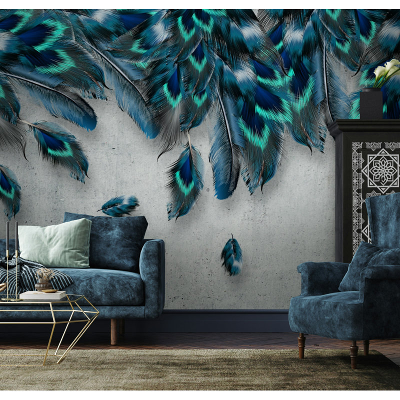 Blue Teal Feather Pattern Wallpaper on Gray, 36.96" L x 56" W