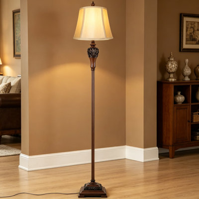 Vintage Floor Lamp for Living Room, Traditional Farmhouse Tall Standing Lamp with Bell Shape Faux Silk Shade, Mid-Century Antique Pole Lamp, Elegant Rustic Bright Lighting for Reading and Home Decor, Beige and Brown