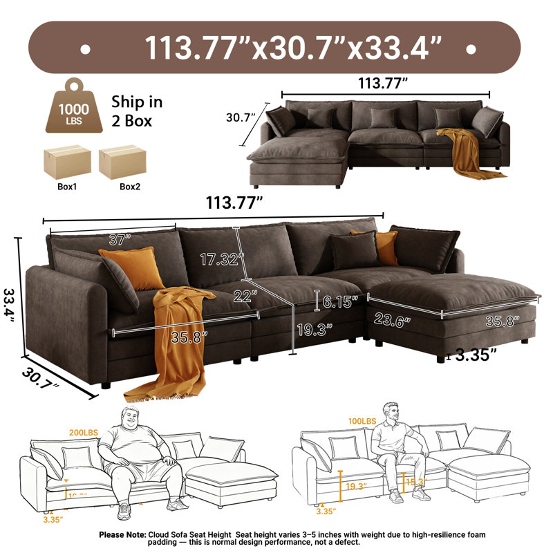 Canapé modulaire en L 113,77 po Comfy, Grey