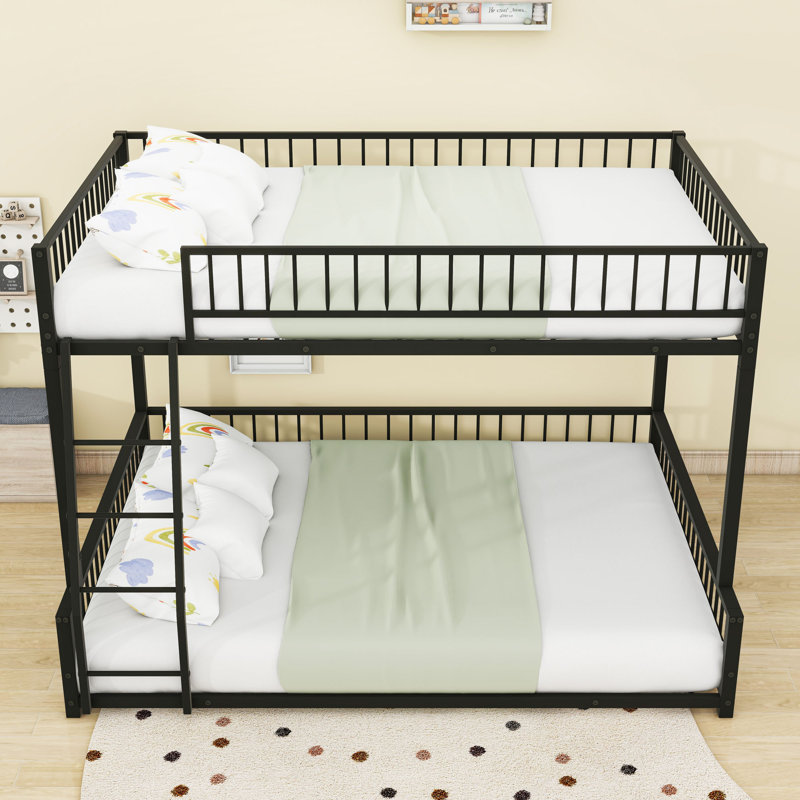 Metal Bunk Bed With Guardrails And Slats, Black, Full XL over Queen
