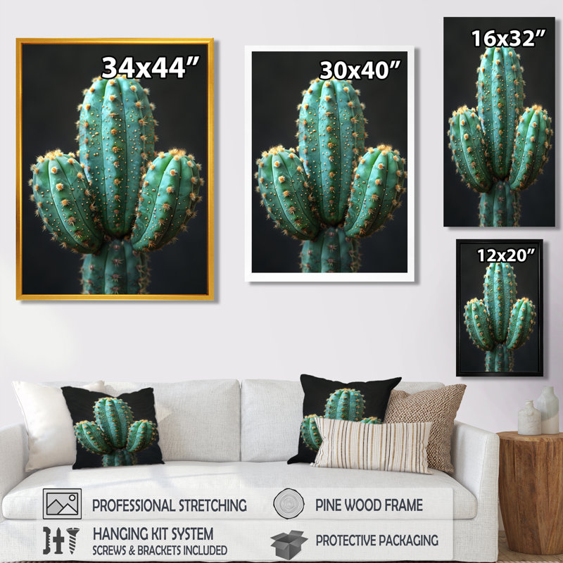 Cactus vert, désert noir, cactus floral, salon d'art mural, H 20 po x l 12 po x P 1 po, Toile encadrée noire simple