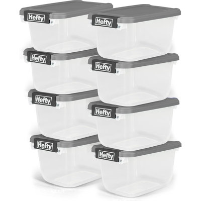 Hefty 6,5 pte, paquet de 8 bacs de rangement en plastique avec couvercles, gris ciment