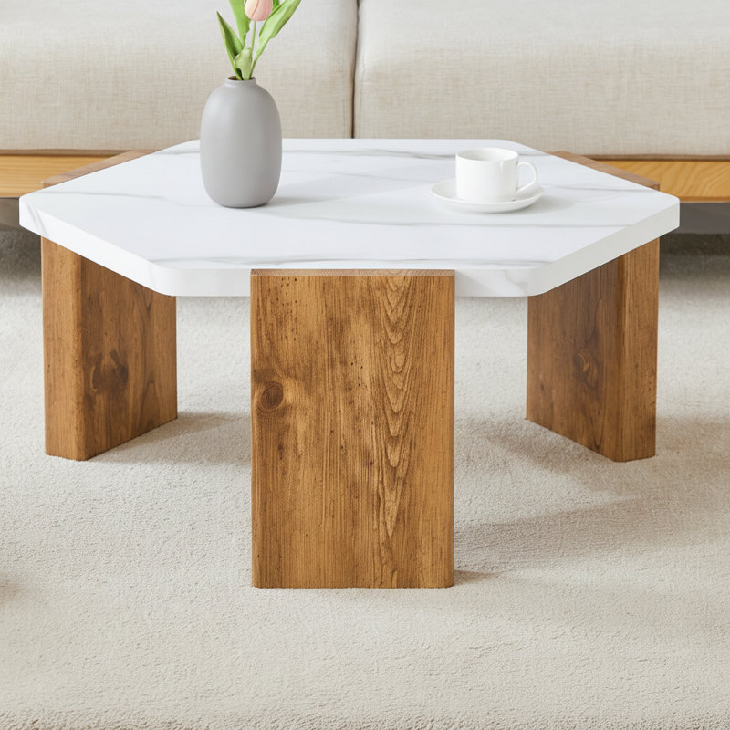 Table basse géométrique moderne de 31 pouces | Surface en faux marbre blanc et base en grain de bois stable | Capacité de 250 lb | Idée de cadeau