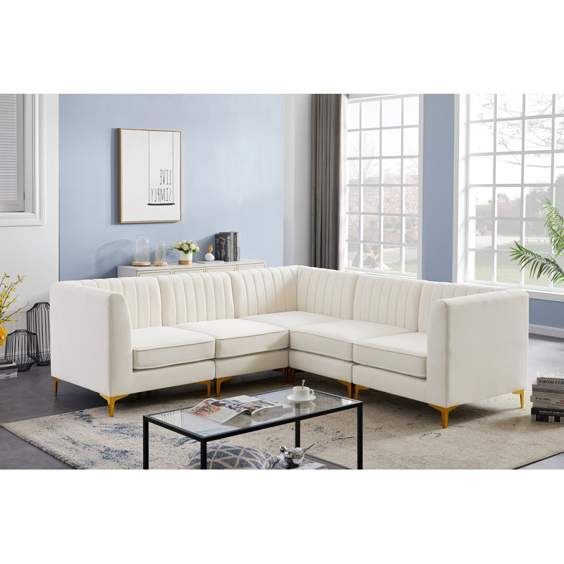 Enson Velvet L-Shaped Sectional Reversible, Cream Velvet