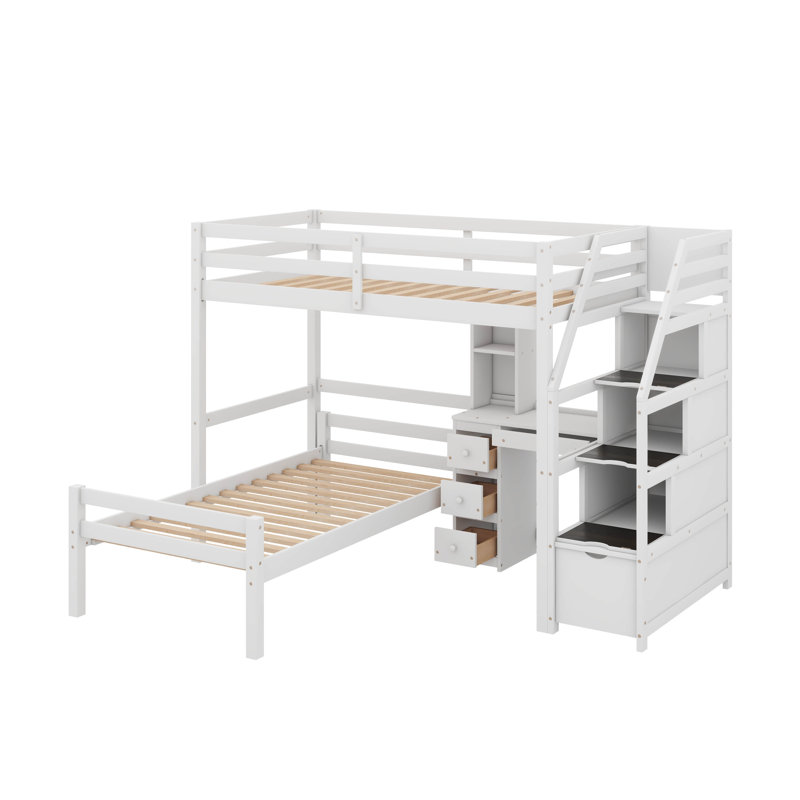 Lit mezzanine simple avec tablettes et tiroirs de rangement séparés, Blanc