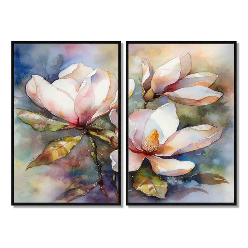 Rose Magnolia Symphony III - Floral Magnolias, art mural, Black, 36" H x 48" W, Impression encadrée flottante
