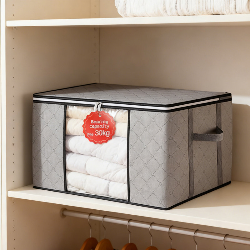 Organisateur 1 pièce en tissu pliable 90L avec fenêtre transparente et deux poignées pour vêtements, literie et jouets, gris