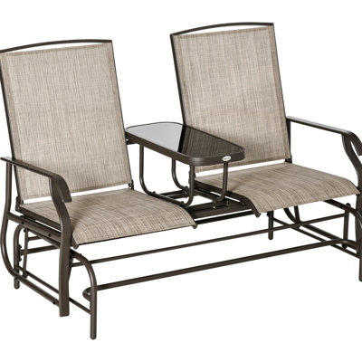 Banc à bascule double avec table centrale - Structure en métal brun pour jardin. Banc à bascule double Joy, maille respirante, pour table basse de jardin ou terrasse. Chaises à bascule marron en maille.