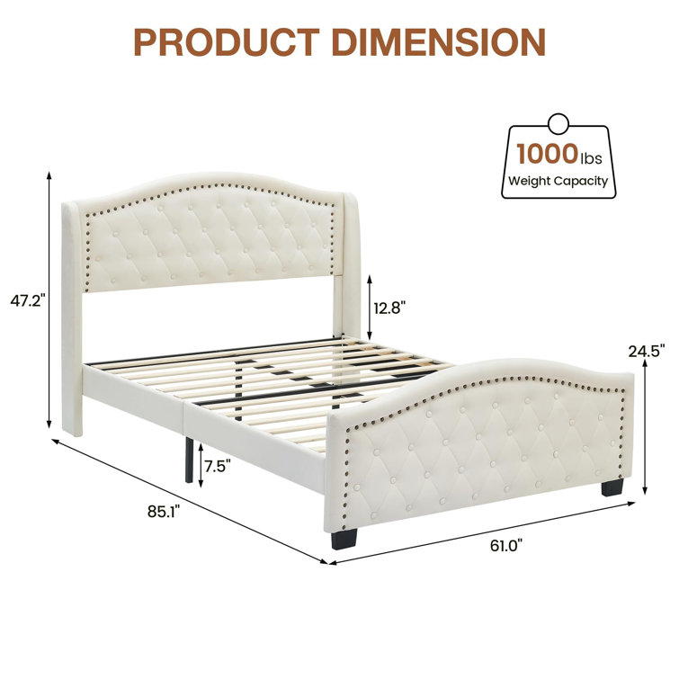 King Size Platform Bed Frame, Velvet Upholstered Bed with Deep Button  Tufted & Nailhead Trim Wingback Headboard/No Box Spring Required/Cream