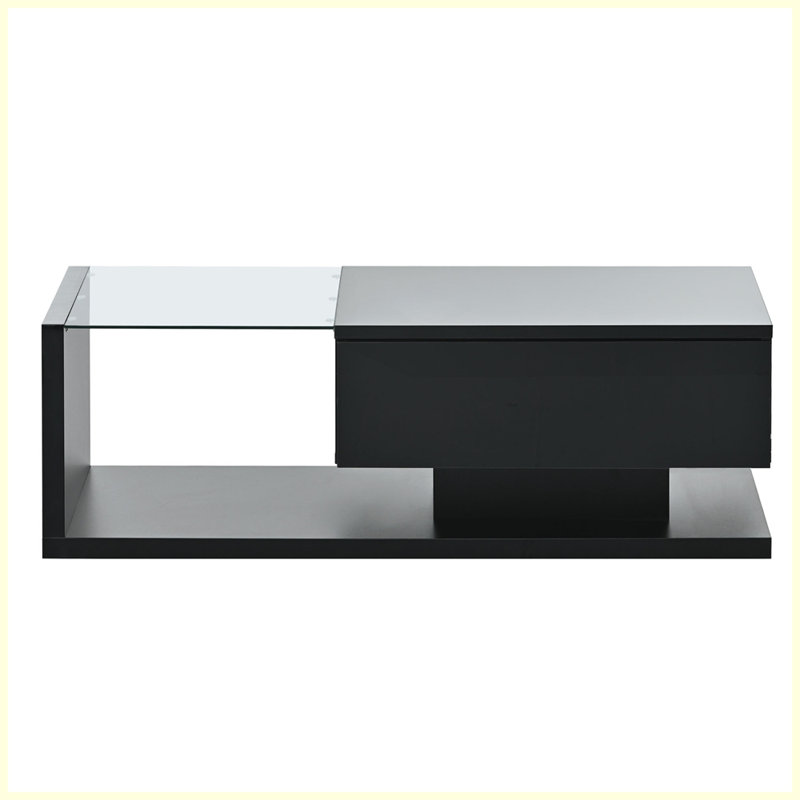 Modern Coffee Table With Tempered Glass, Wooden Cocktail Table With High-Gloss UV Surface, Modernist 2-Tier Rectangle Centre Table For Living Room