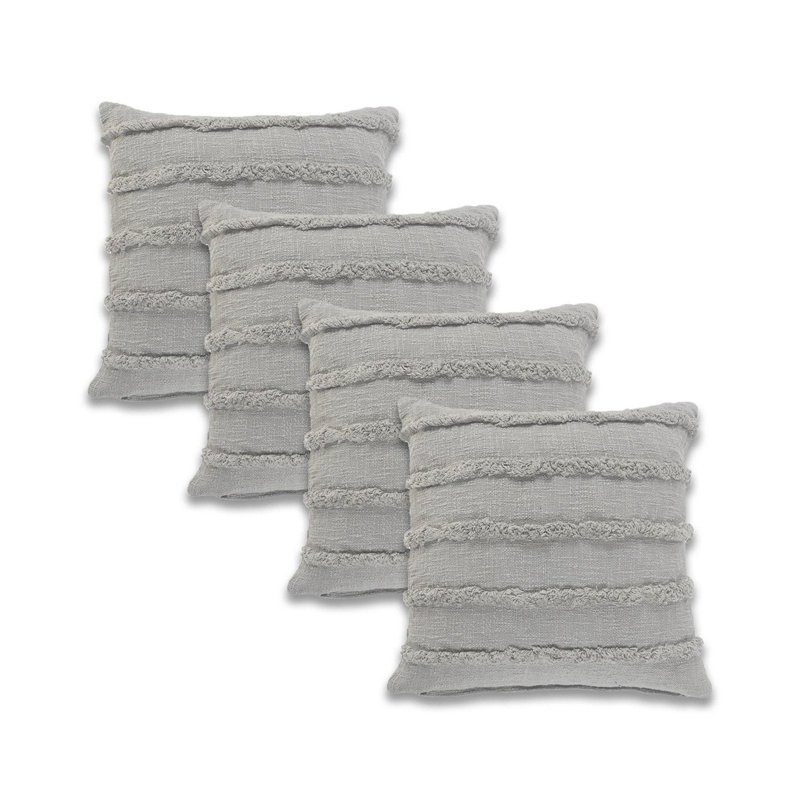 Fringed Solid 100% Cotton Throw Square Pillow Cover Set of 4, Gray, Polyester/Polyfill