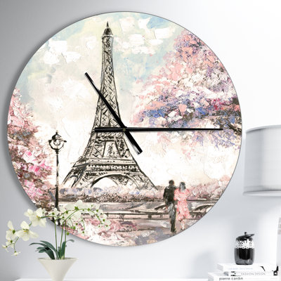 Eiffel with Pink Flowers - Modern wall clock