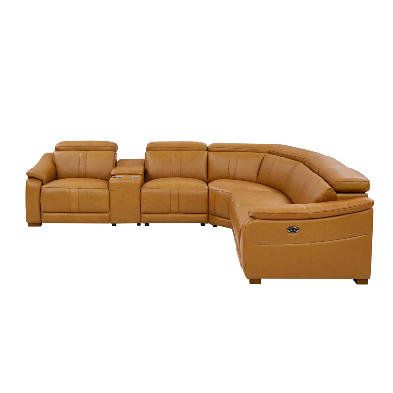 Leather Match Modular Sectional with Recliner Seat and Adjustable Headrest and Storage Console with Cup Holders