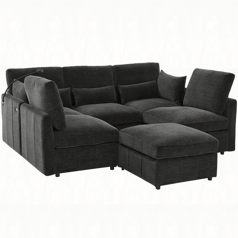 Chenille Upholstered Modular Sectional Sofa, Black