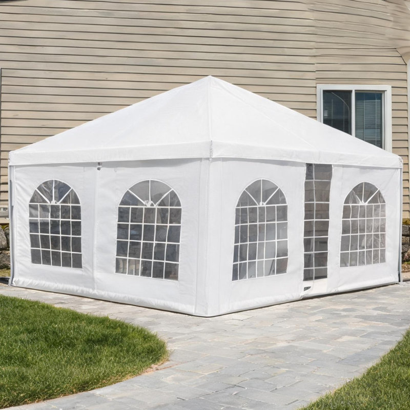 Pavillon de jardin 20 po x 20 pi pour espace extérieur en acier blanc et PE, avec design pliable avec structure en acier galvanisé