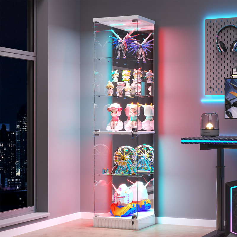 Glass Display Cabinet with Sensor RGB Lights, Wine Cabinet with Lock, White