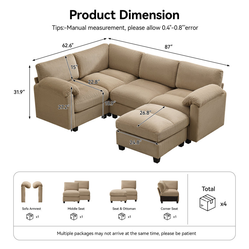 Canapé modulaire 5 places avec accoudoirs coussinés, Chenille brun clair, H 31,9 po x l 87 po x P 26,8 po