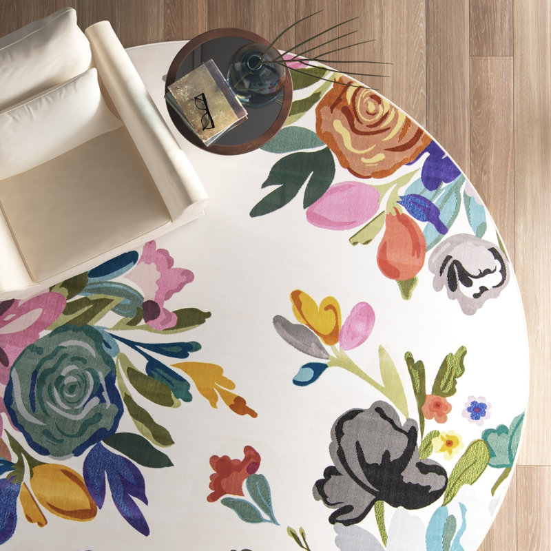 Tapis à motif floral vert / mauve / bleu / ivoire / gris / orange Aludra, Rond 7 pi