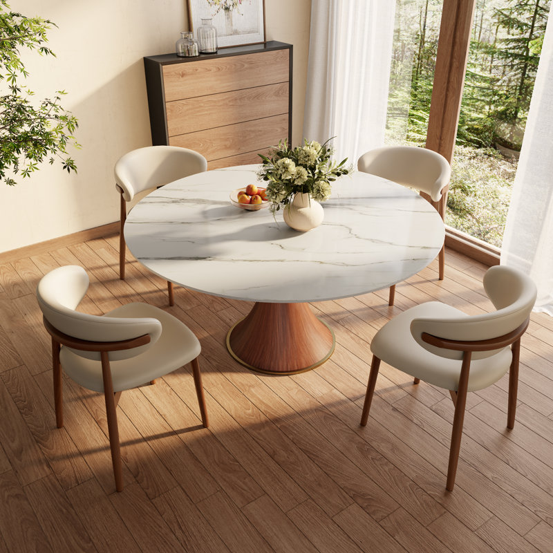 Spiro 5Pcs Round Solid Wood Dining Stylish Set With Sintered Stone Table, 4 Comfortable Upholstered Chairs