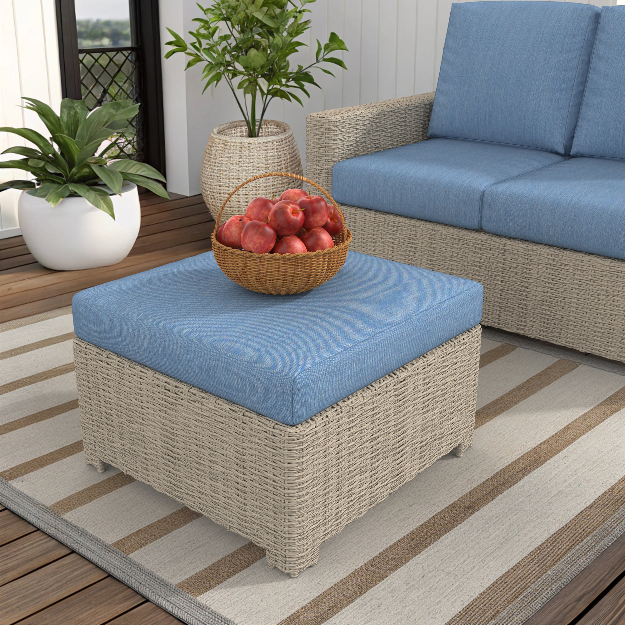 Outdoor Ottoman With Sunbrella Cushions, Cast Ocean