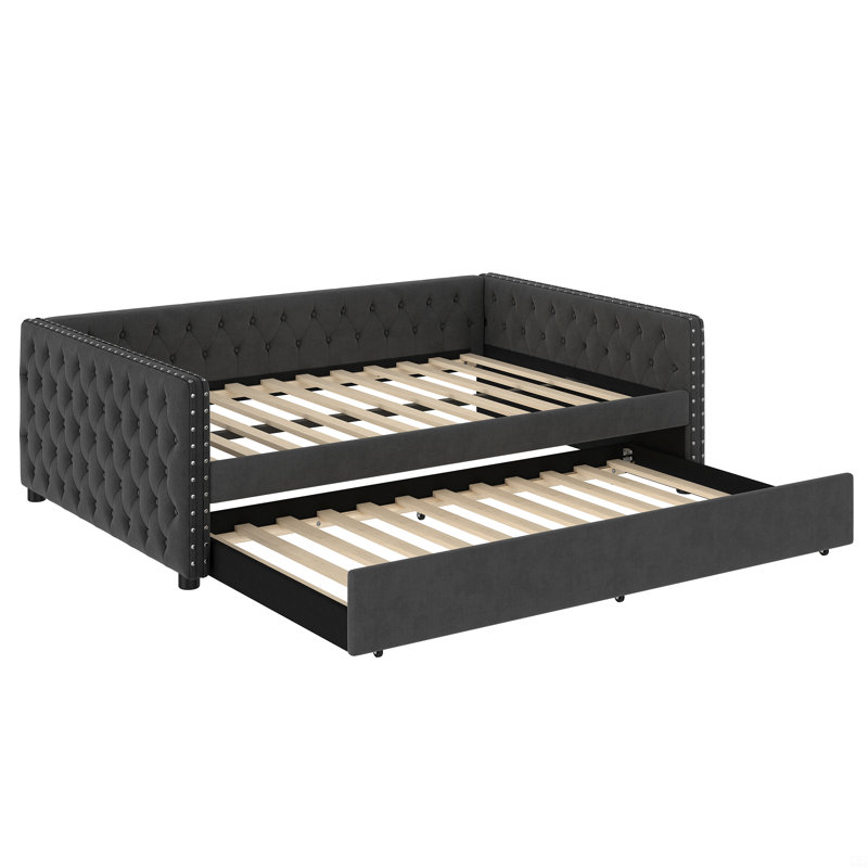 Lit de jour double, canapé-lit capitonné capitonné avec couchette, lit de jour avec bouton et clou en cuivre sur accoudoirs carrés, lit de jour double avec couchette simple