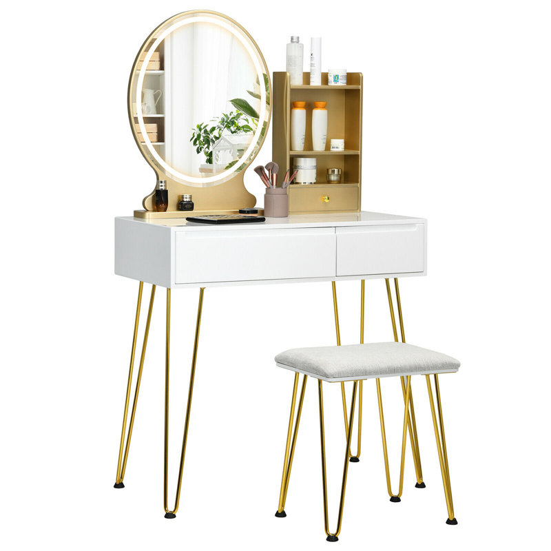 Ensemble de coiffeuse de 31,5 po de largeur avec tabouret et miroir, Blanc / or